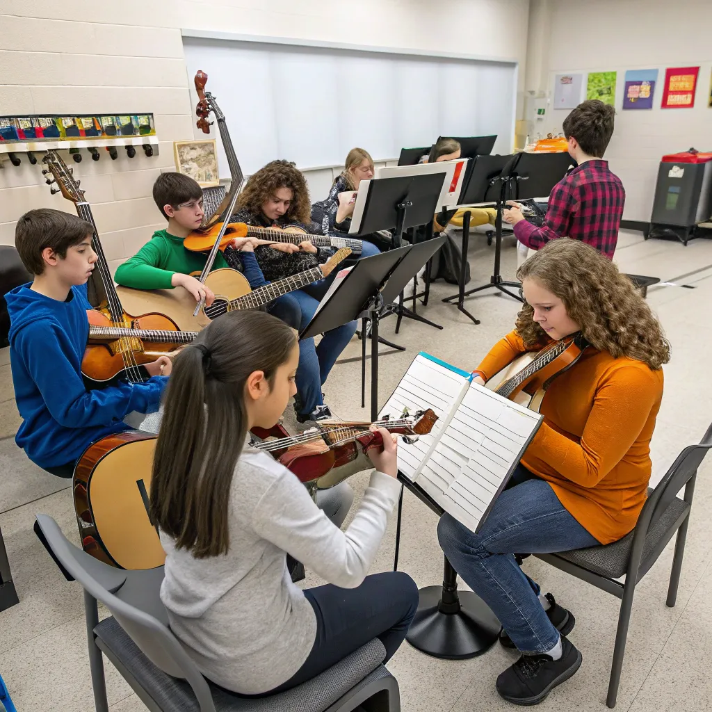 Group of students learning musical instruments
